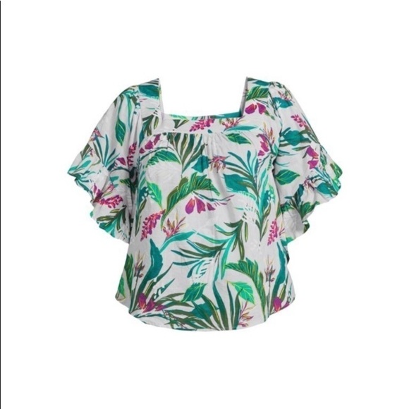 Terra & Sky NWT Square Neck Peasant Top Lavender Print 1X Tropical Resortwear - Picture 12 of 14